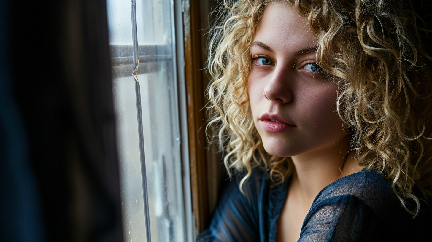 Blonde woman with curly hair next to a window