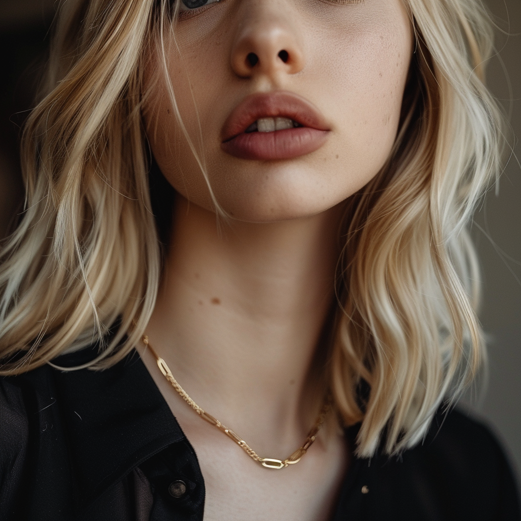 Blonde woman gold paperclip necklace