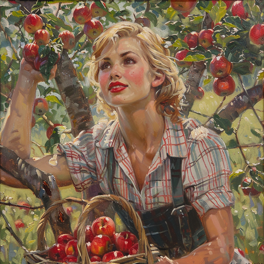 Blonde woman picking apples painting