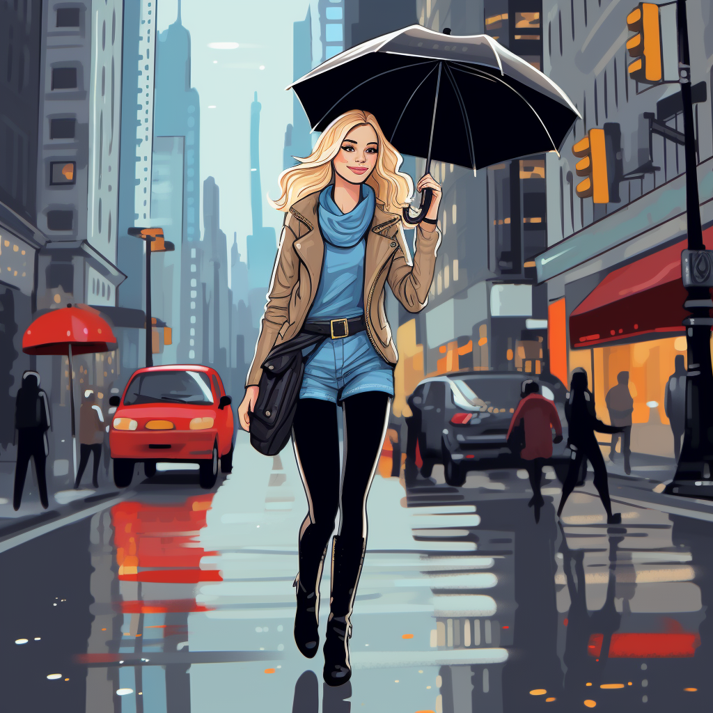 Blonde woman confidently walking in the rain