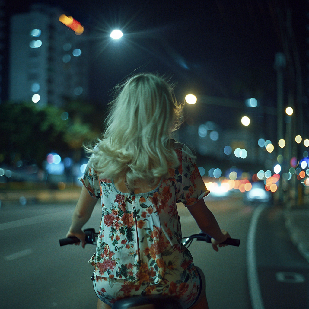 Blonde Woman Riding Bike at Night