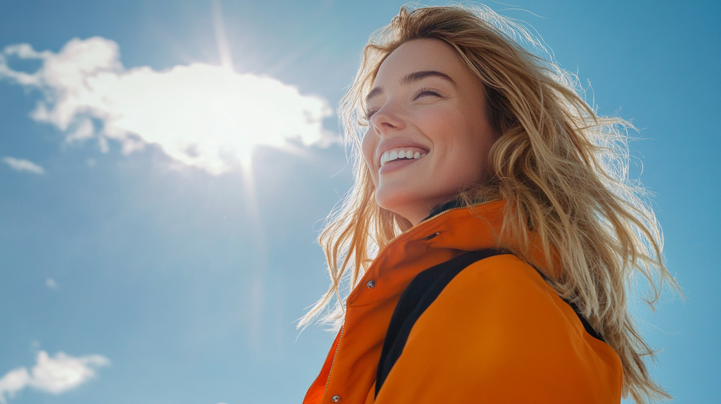 Blonde woman in orange jacket smiling