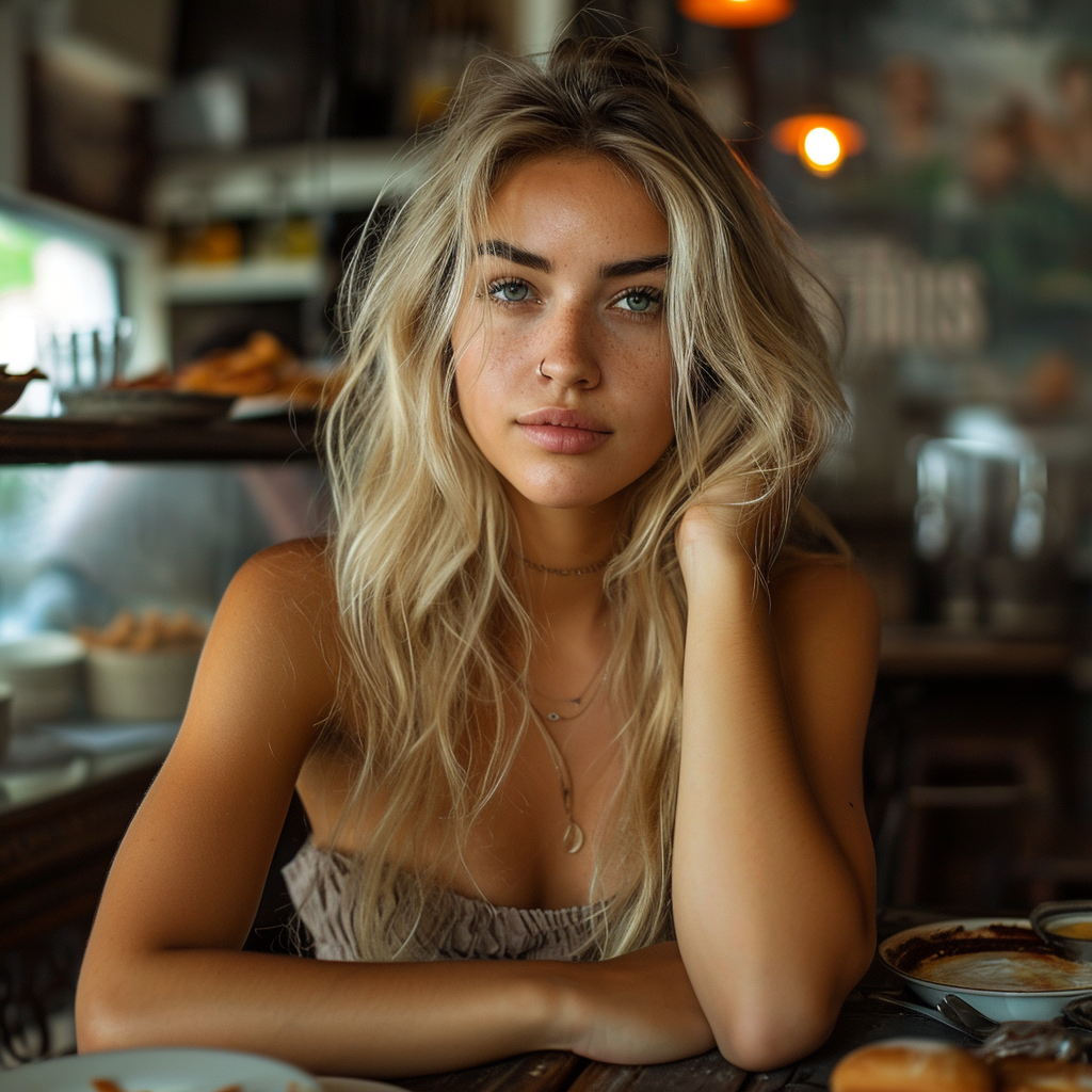 Blonde woman eating in a restaurant