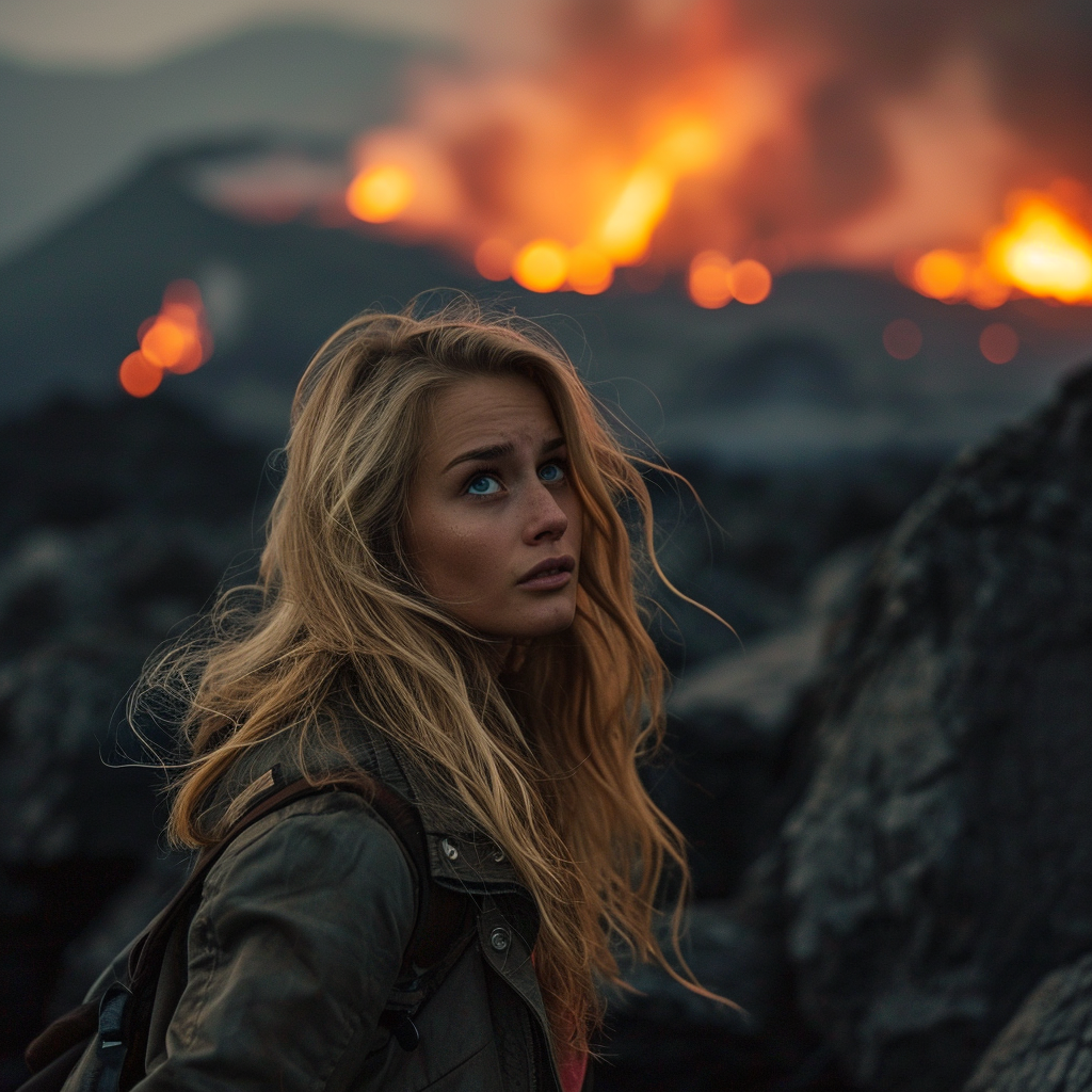 Blonde woman in Spanish outfit at Icelandic volcano