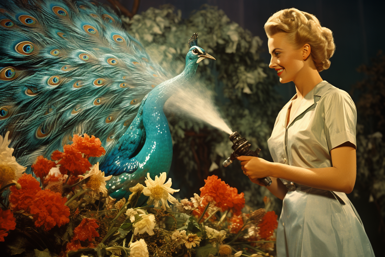 Attractive woman spraying peacock in garden