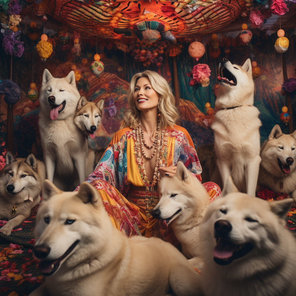 Blonde Woman with Happy Husky Dogs