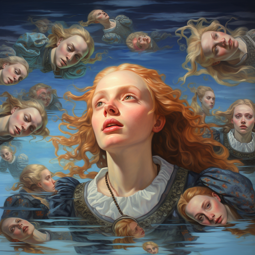 Blonde women swimming in the sky painting