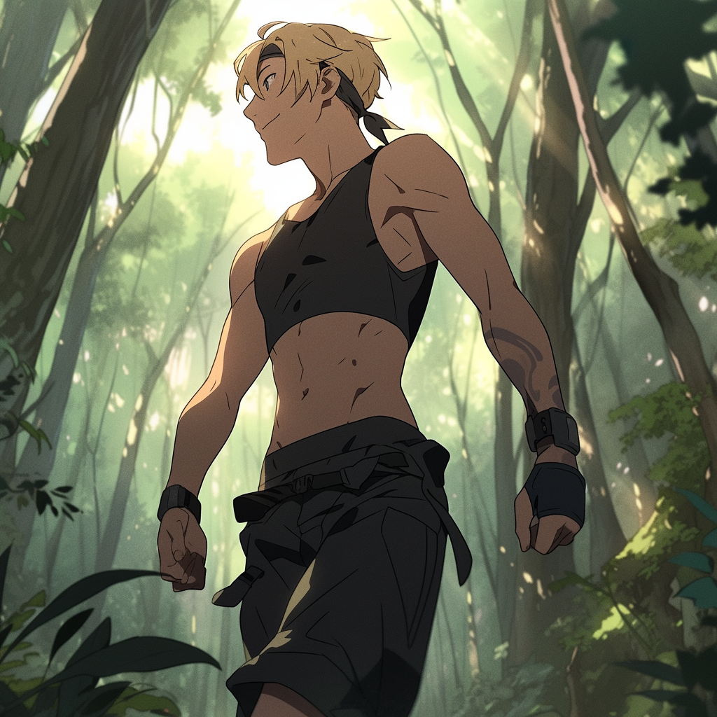 Blonde anime man running in forest smiling