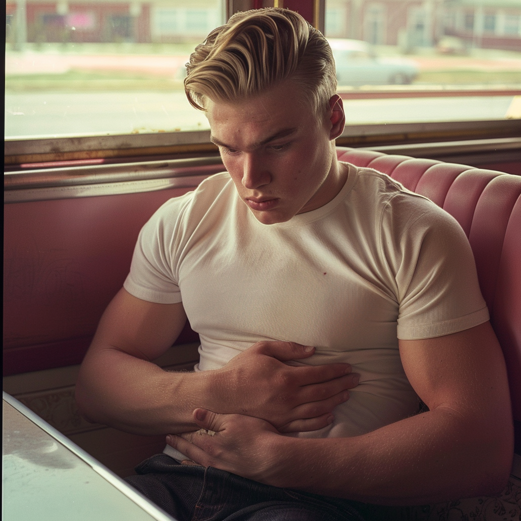 Muscular college boy diner stomach