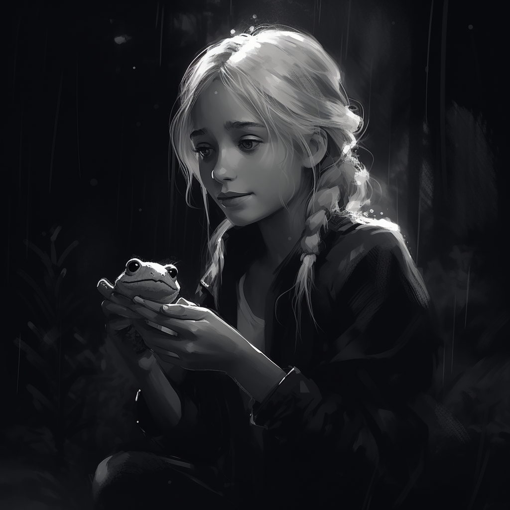 Blonde girl with cute frog in a rainy forest