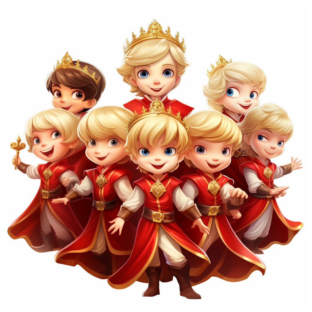 An image of eight blonde princes in red clothing