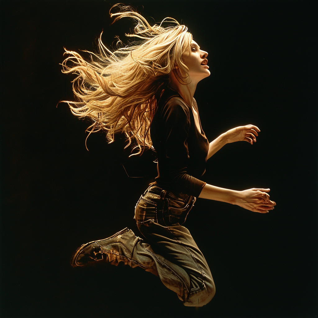 Blonde woman jumping