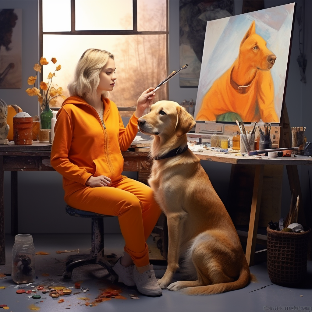 Blonde woman creating art with her loyal orange labrador dog