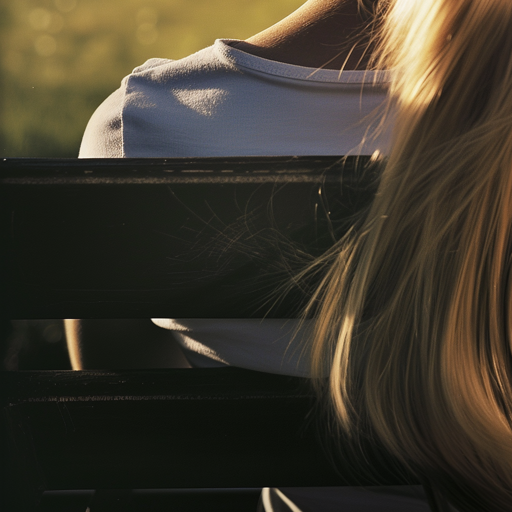 Young woman with blonde ponytail on park bench