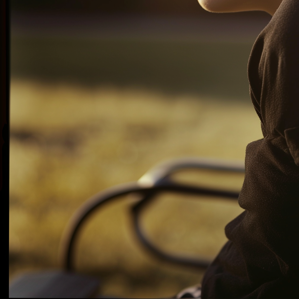 Young woman with blonde ponytail on park bench