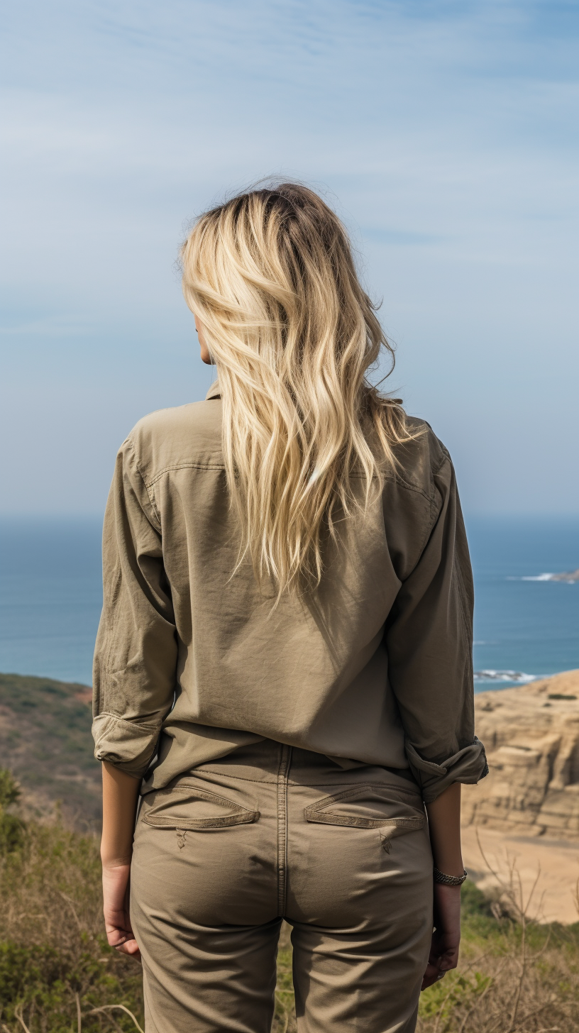 Blondie woman in oversized military shirt on cliff