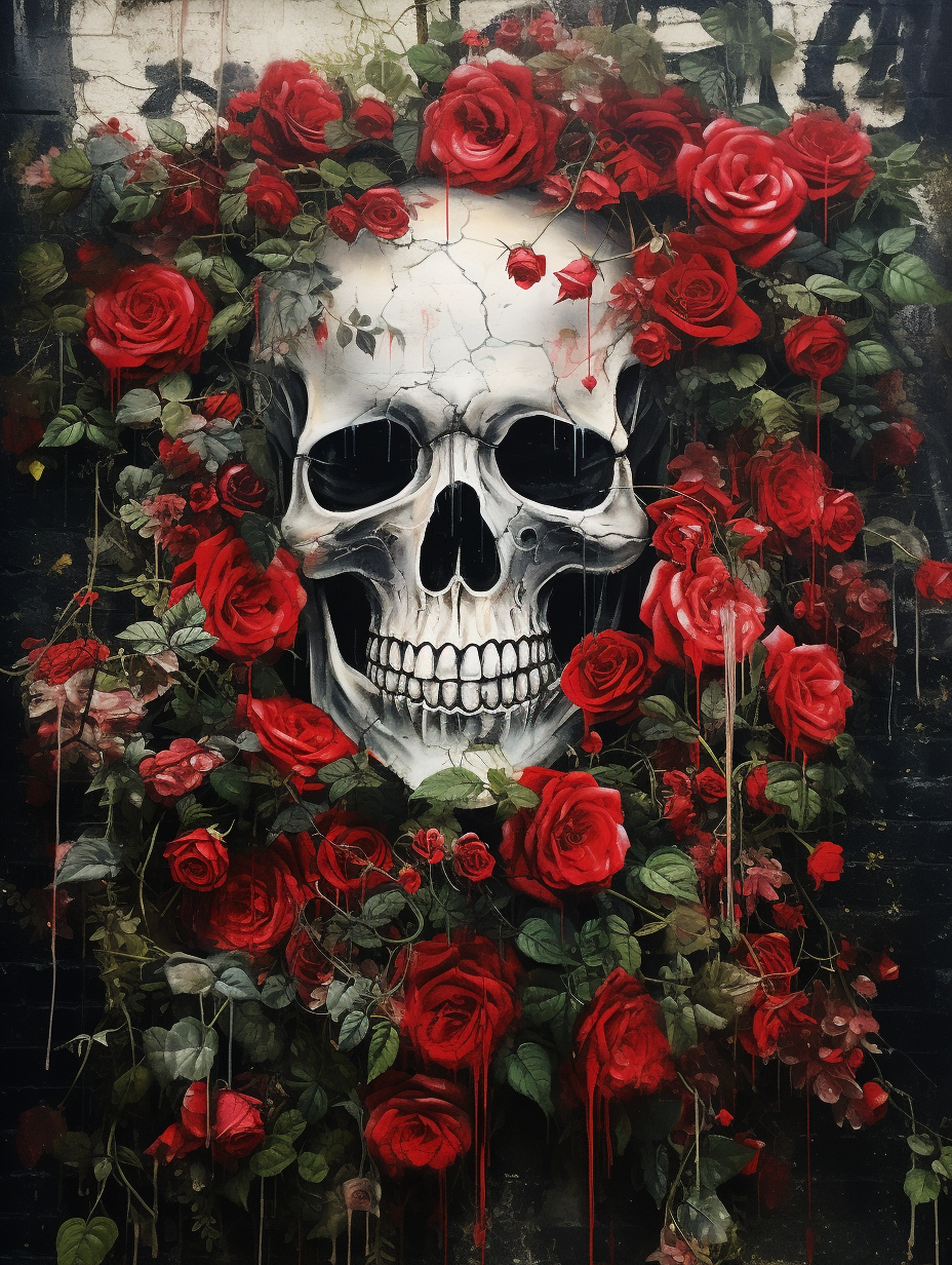 Street art with skull and roses