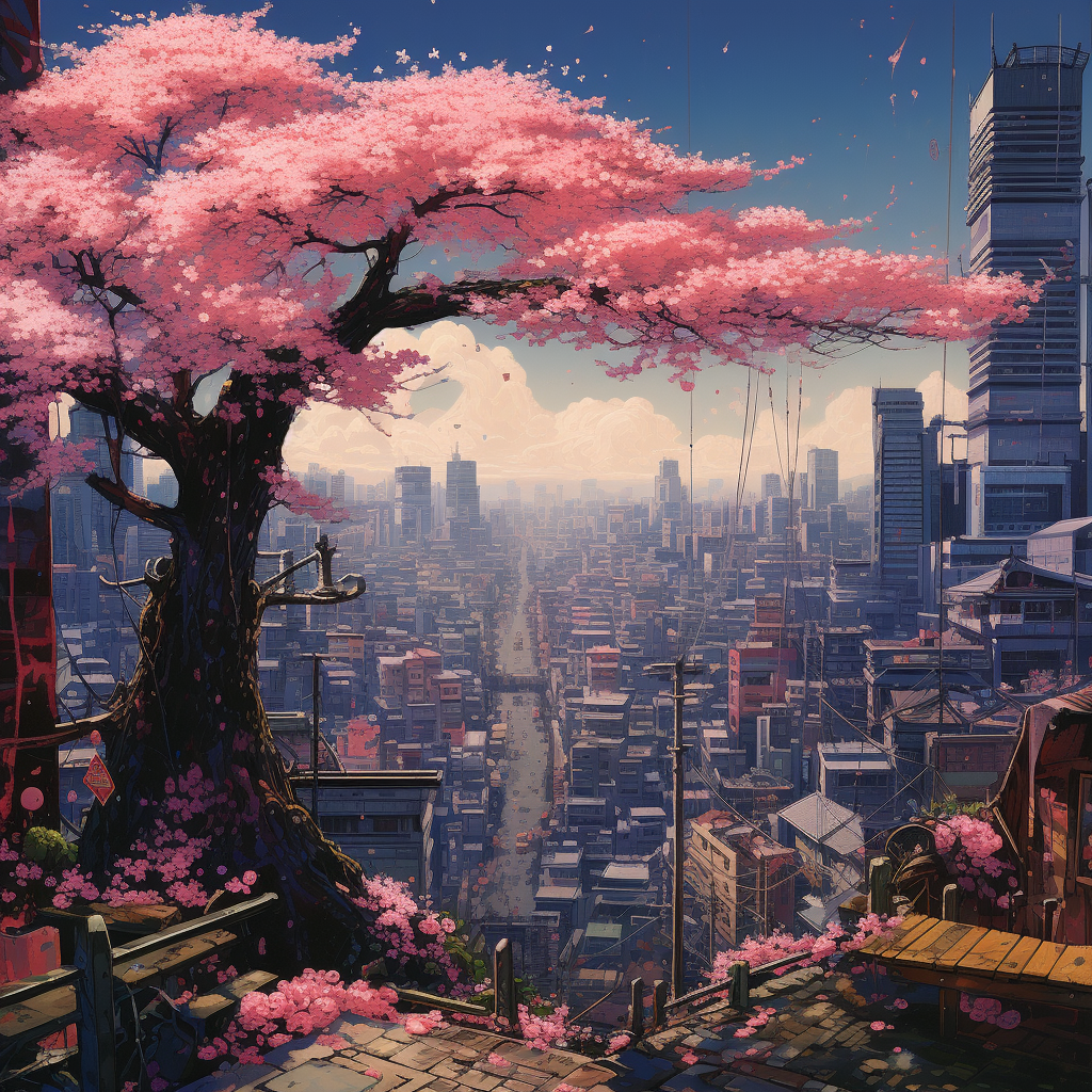 Beautiful Sakura Trees in Cyberpunk City