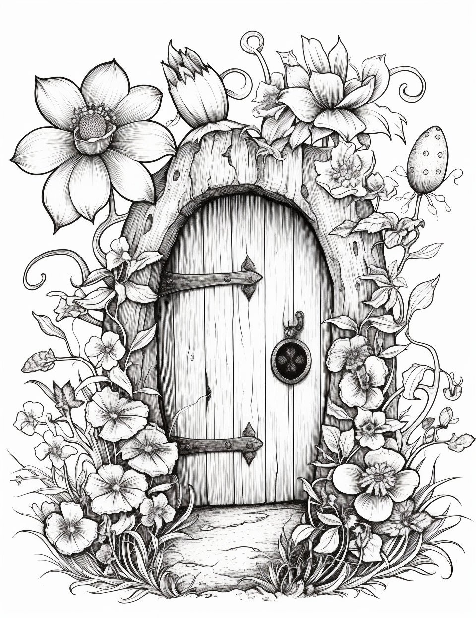 Coloring page of a blooming fairy door