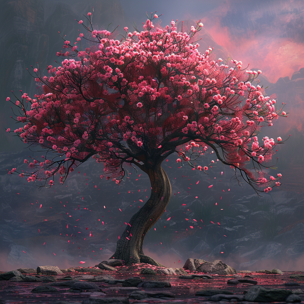 Blooming tree in artistic rendering