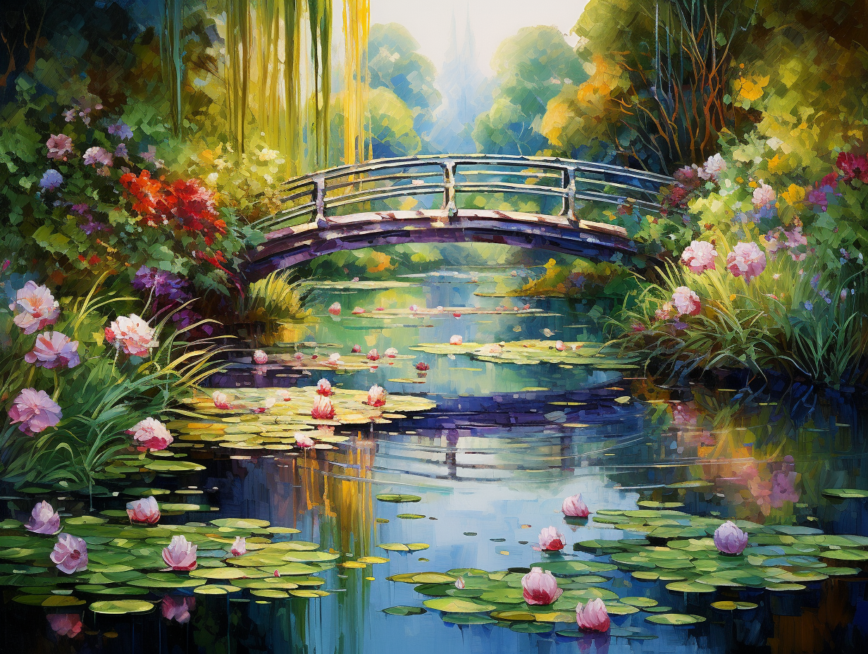 Bridge over blooming water lilies