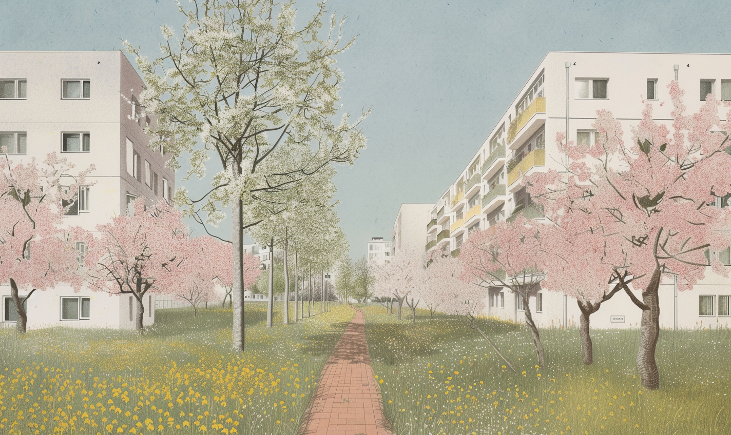 Blossoming Chestnut Trees on Brick Footpath