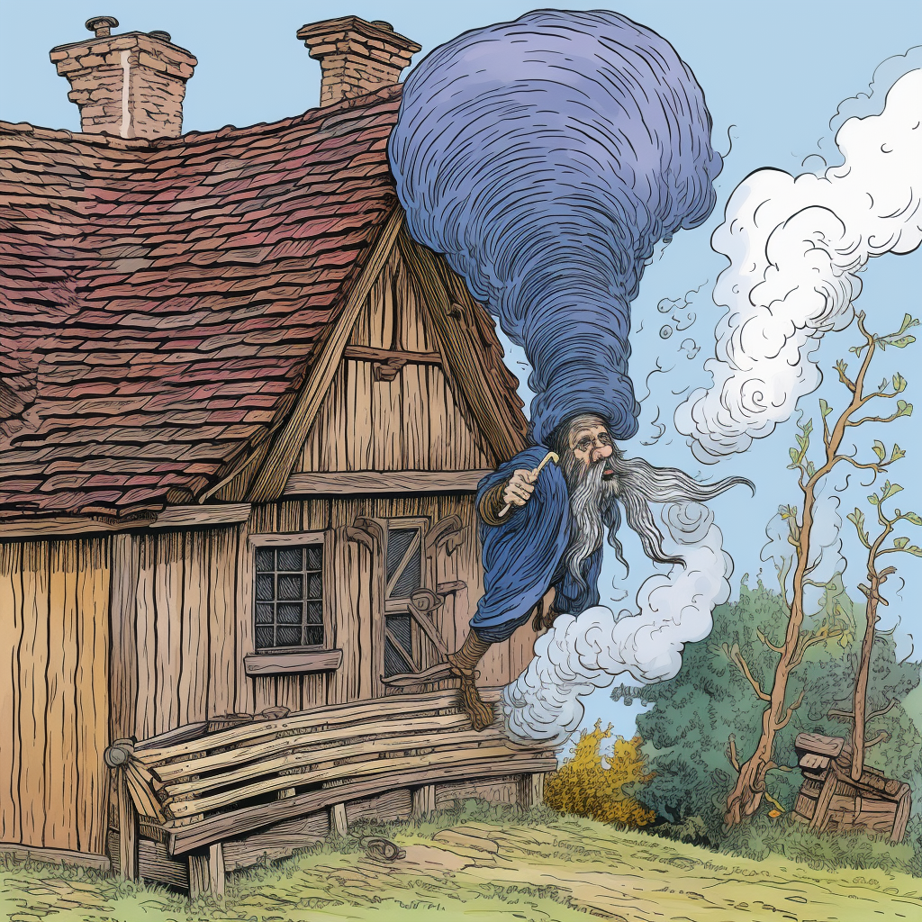 Wizard blowing house down with breath