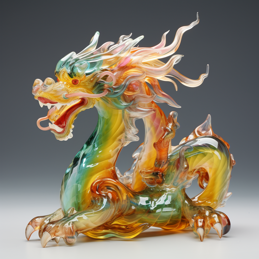 Colorful blown glass dragon with quartz tail on gold onyx