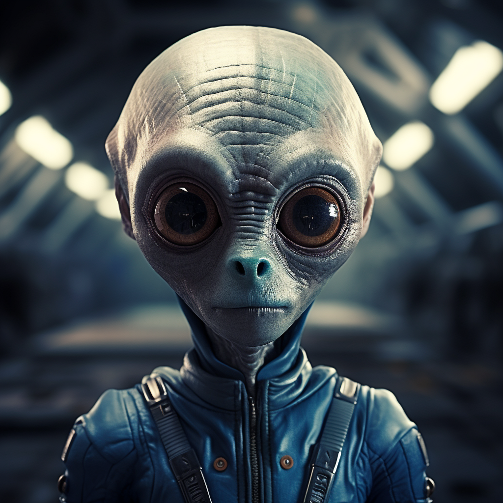 Three-foot Blue Alien with Bald Head and Bulging Eyes