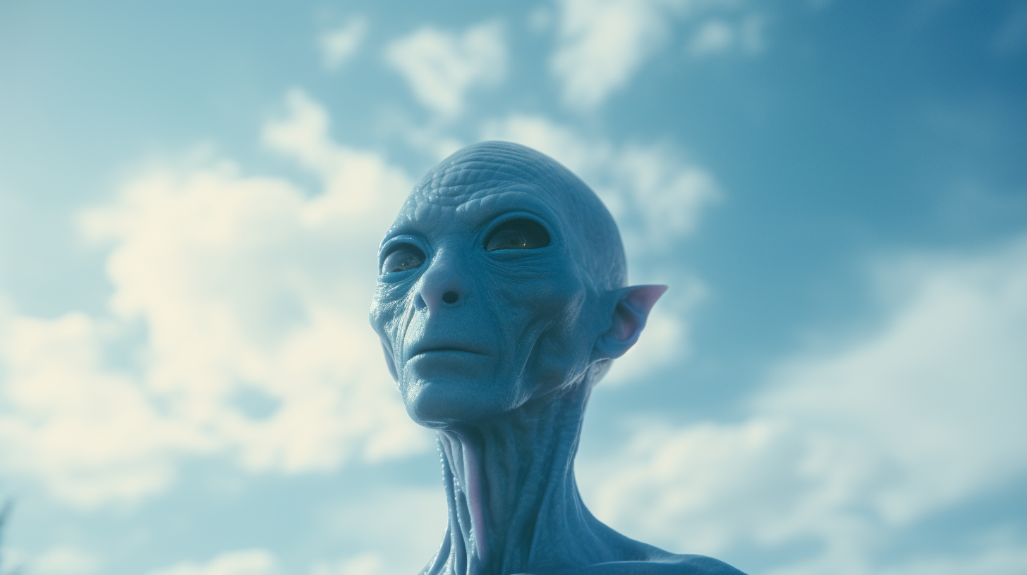 Blue alien levitating and gazing at the galactic sky