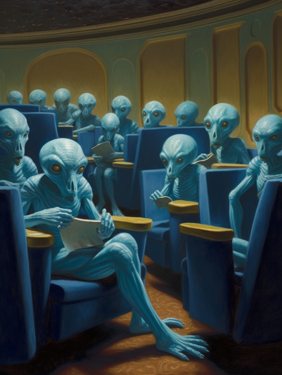 Group of blue aliens enjoying popcorn in a spaceship