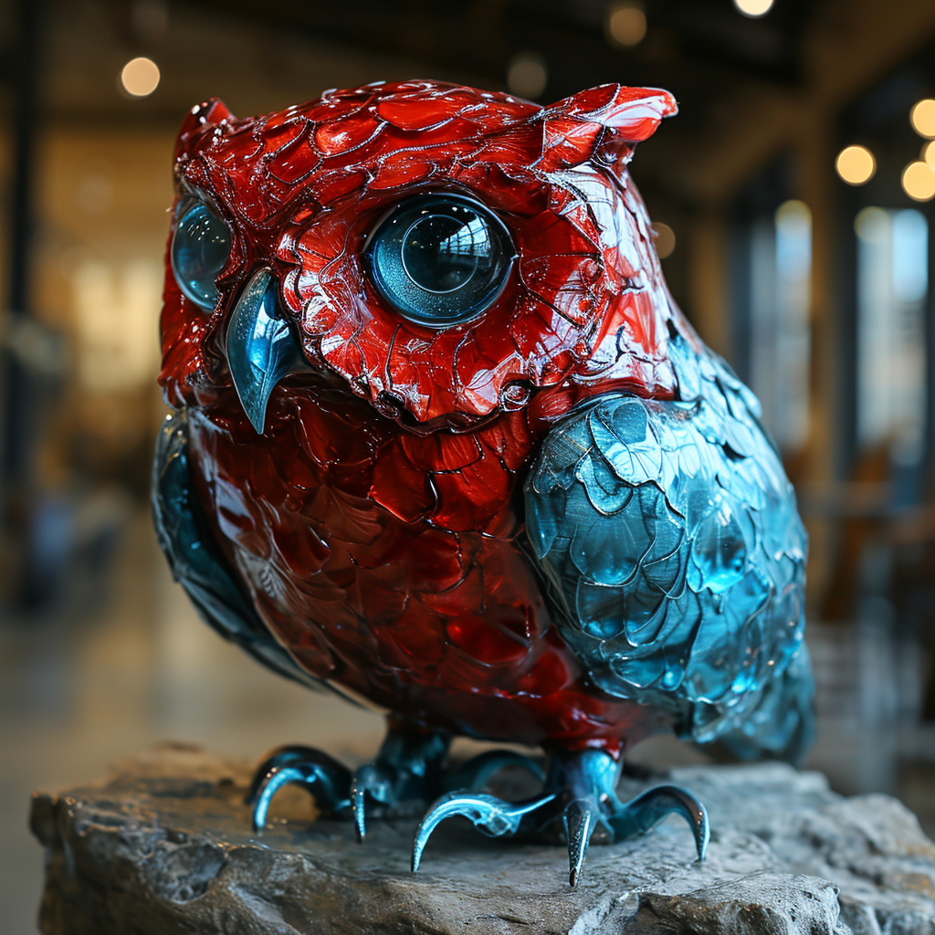 Blue and red owl sculptures art exhibition