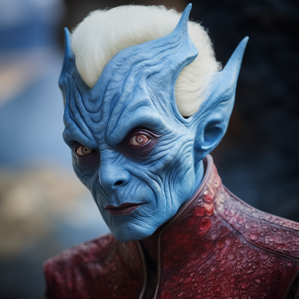 Blue-skinned Andorian Tim Curry in red uniform