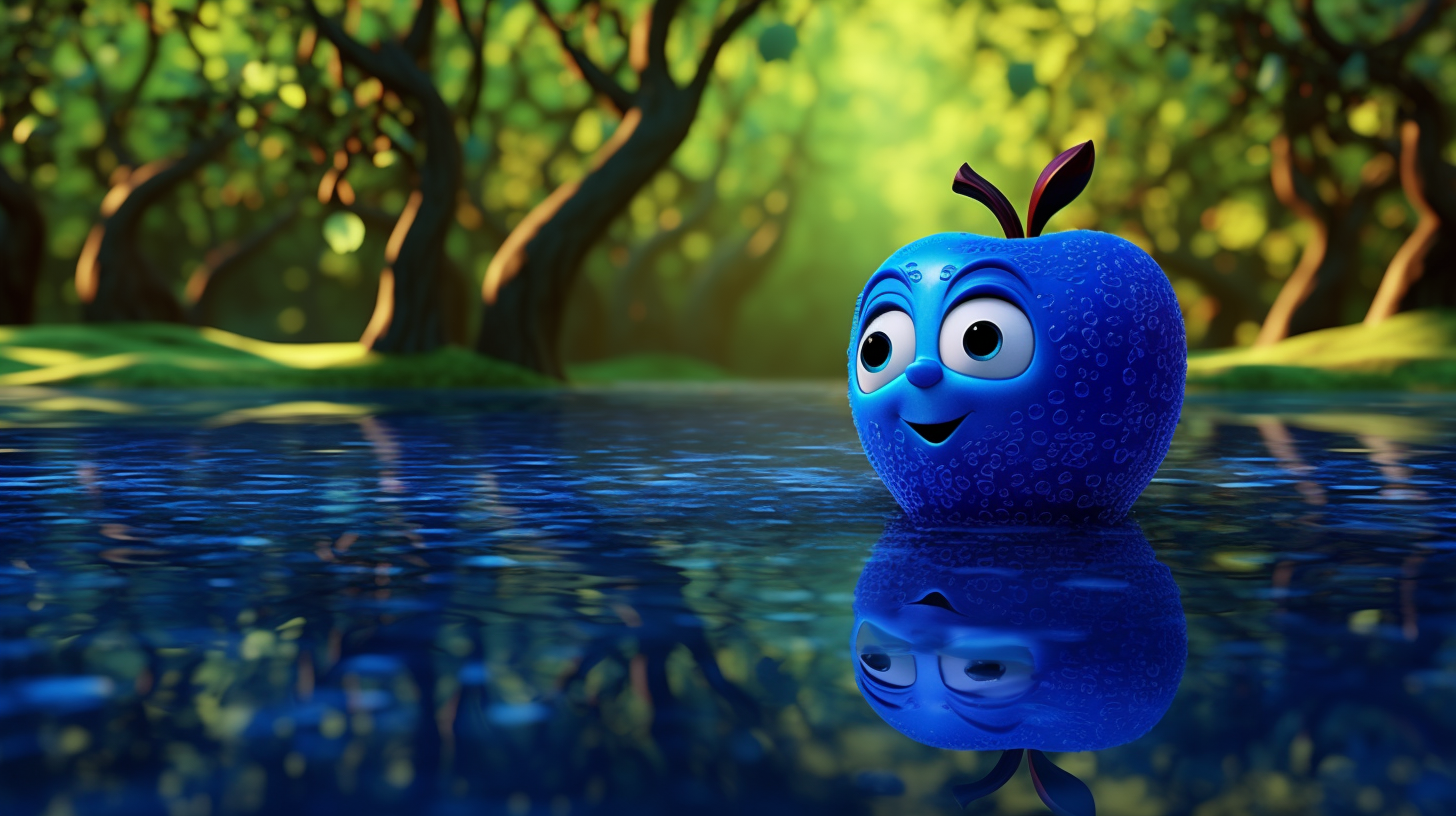 Blue apple character reflecting by sparkling pond