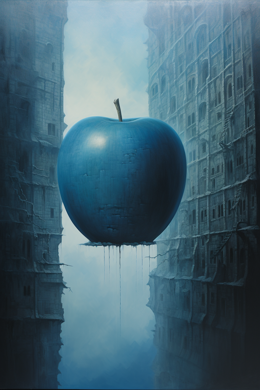 Beksiński's captivating blue apple oil painting