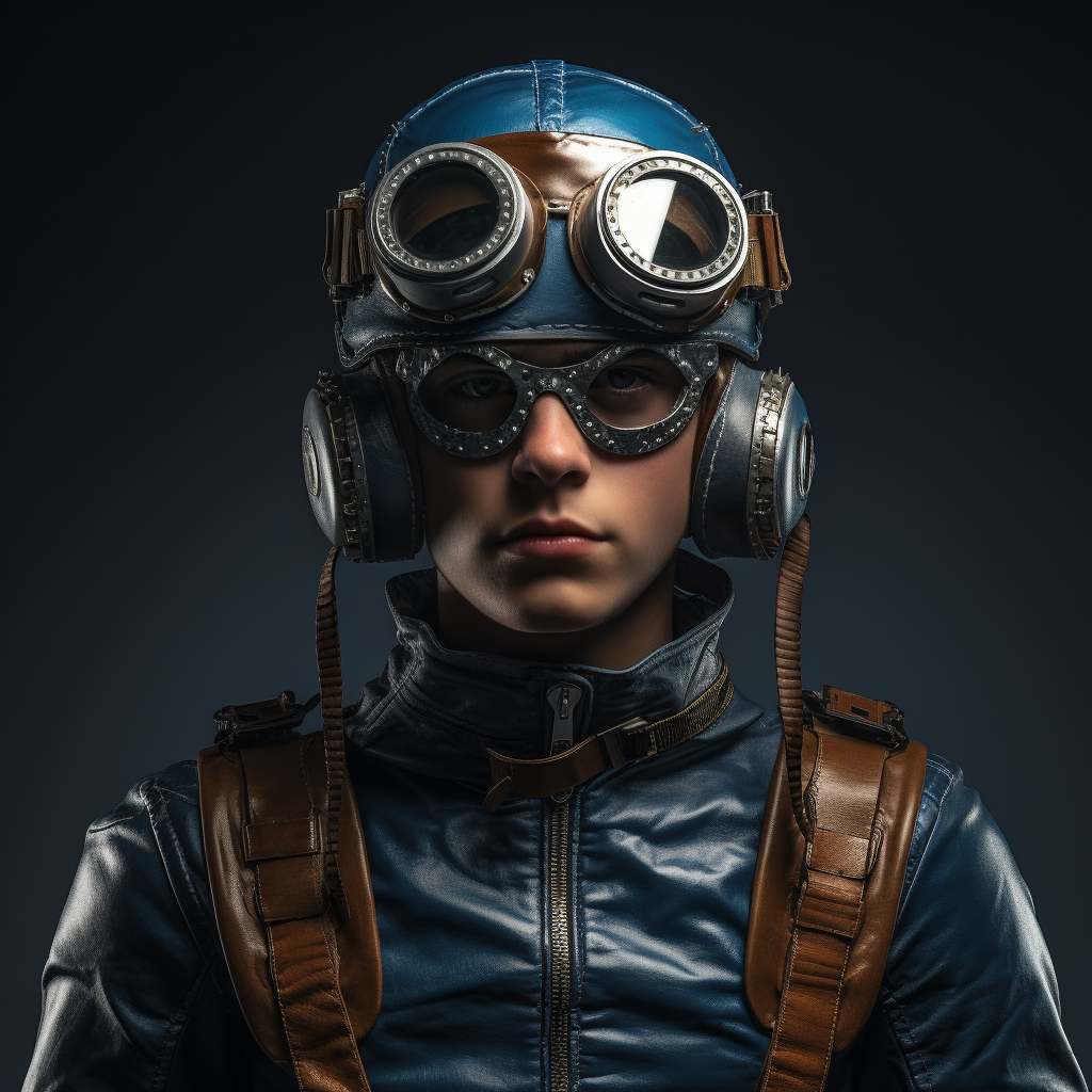 Powerful blue armored warrior with aviator hat and goggles