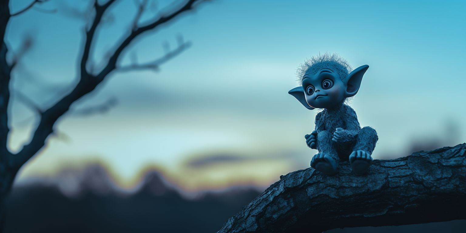 Adorable blue baby troll gazing at the moon