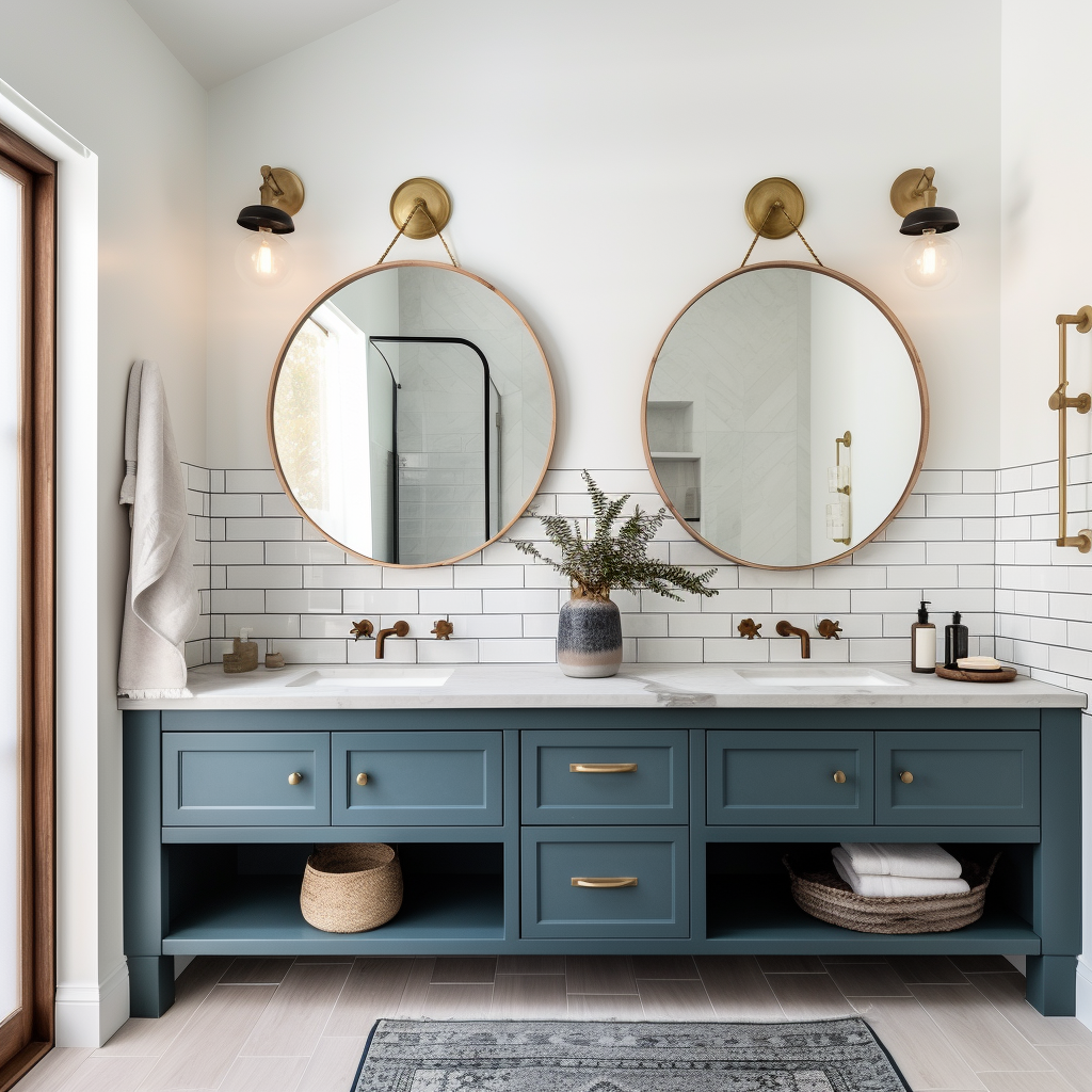 Slate blue bathroom vanity with black fixtures