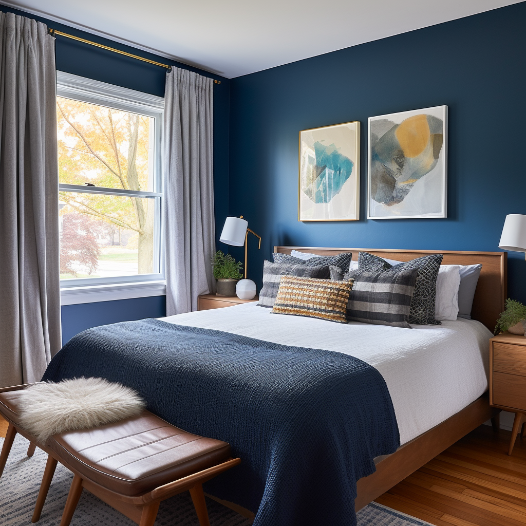 Stylish blue bedroom with wood bed