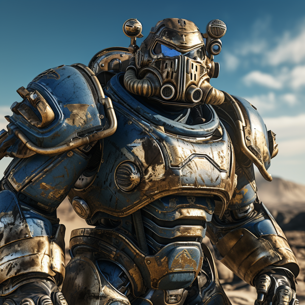 Battle-damaged power armor wielding Power Glaive