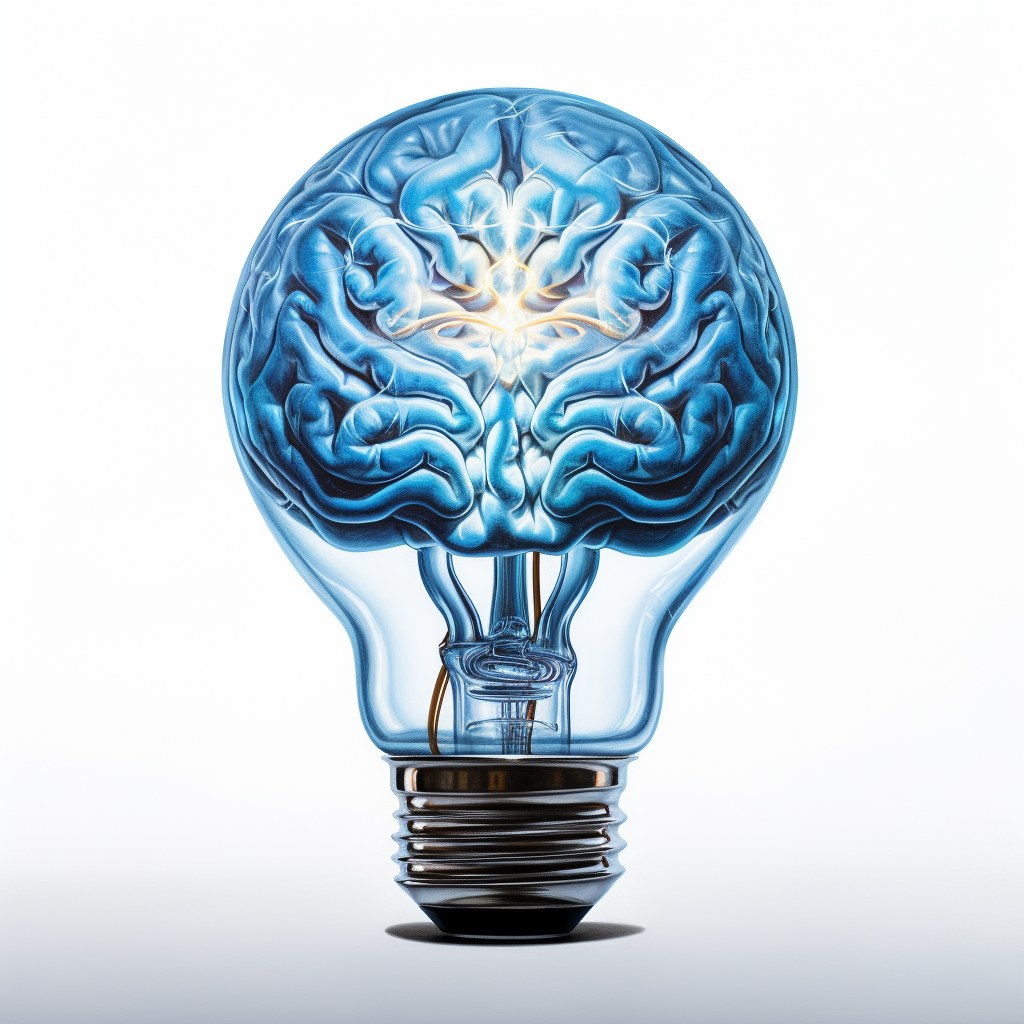 Blue Brain in Bulb on White Background