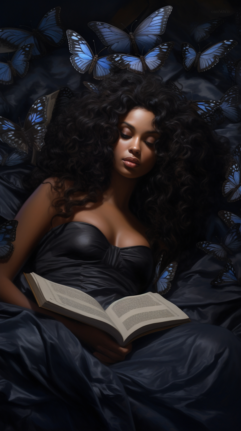 Blue butterflies surrounding a black queen reading a book.