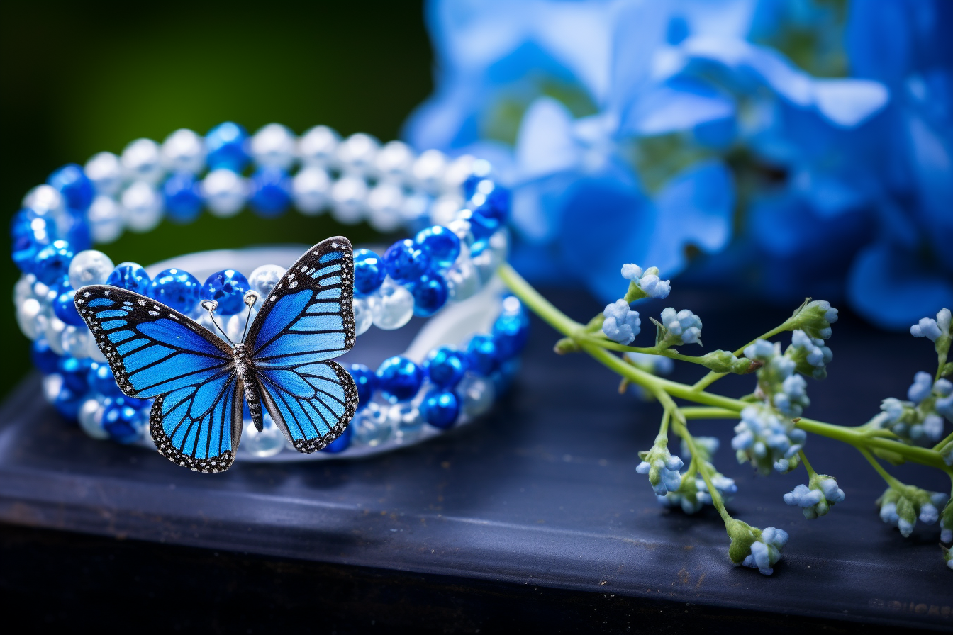 Blue butterfly on colorful flower with bracelet