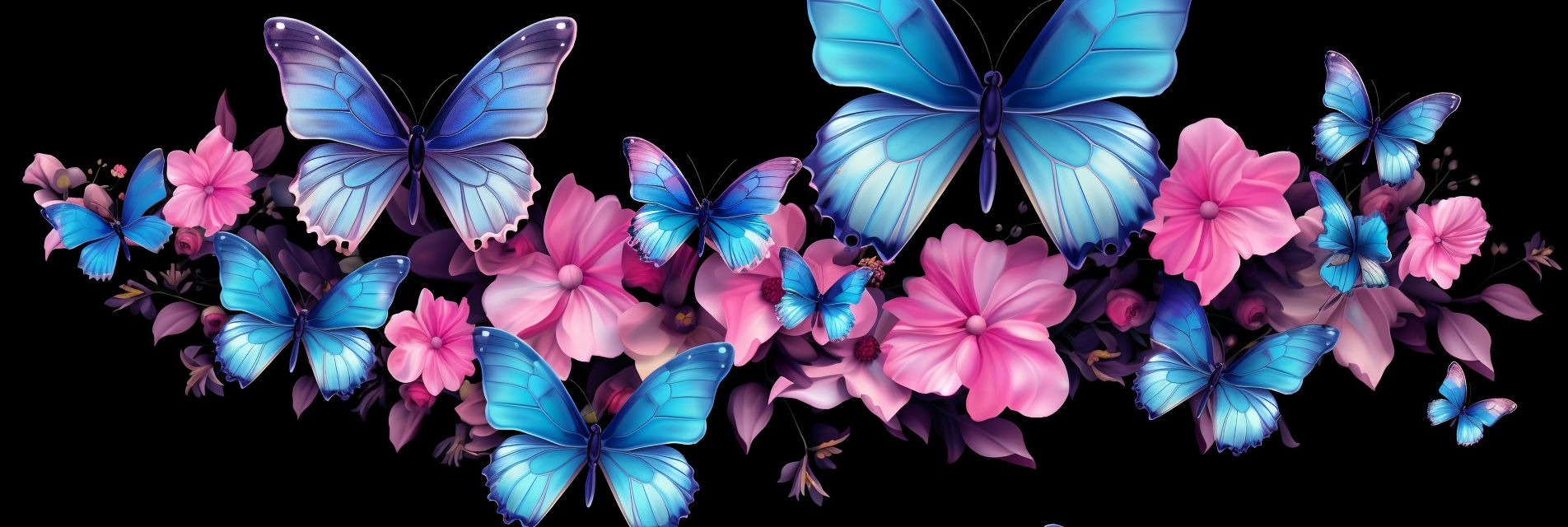 Beautiful blue butterfly and pink flowers