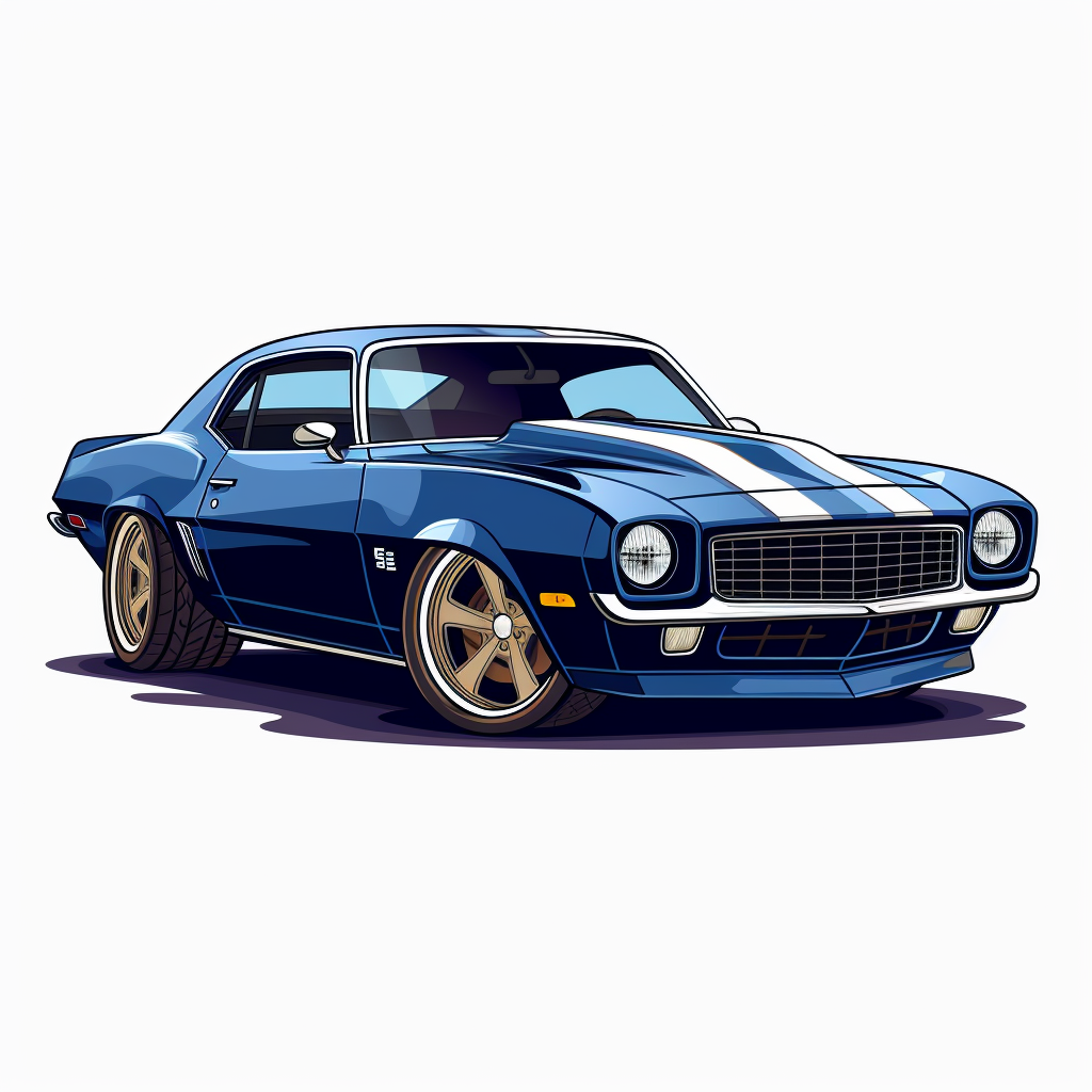 Cartoon-style blue Camaro Z28 muscle car logo