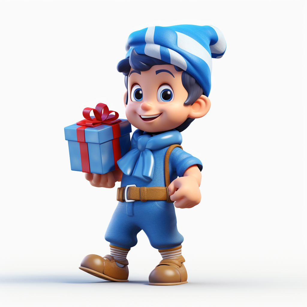 Character with blue cap carrying gifts