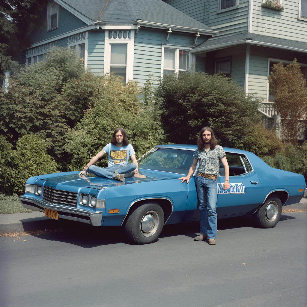 Two guys drinking beer next to a blue Chevy Impala