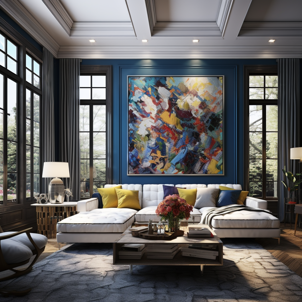 Beautiful blue creme family room with colorful art and iron windows