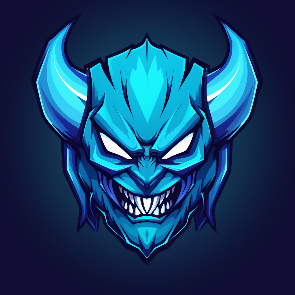 Blue demon monster logo with sharp teeth