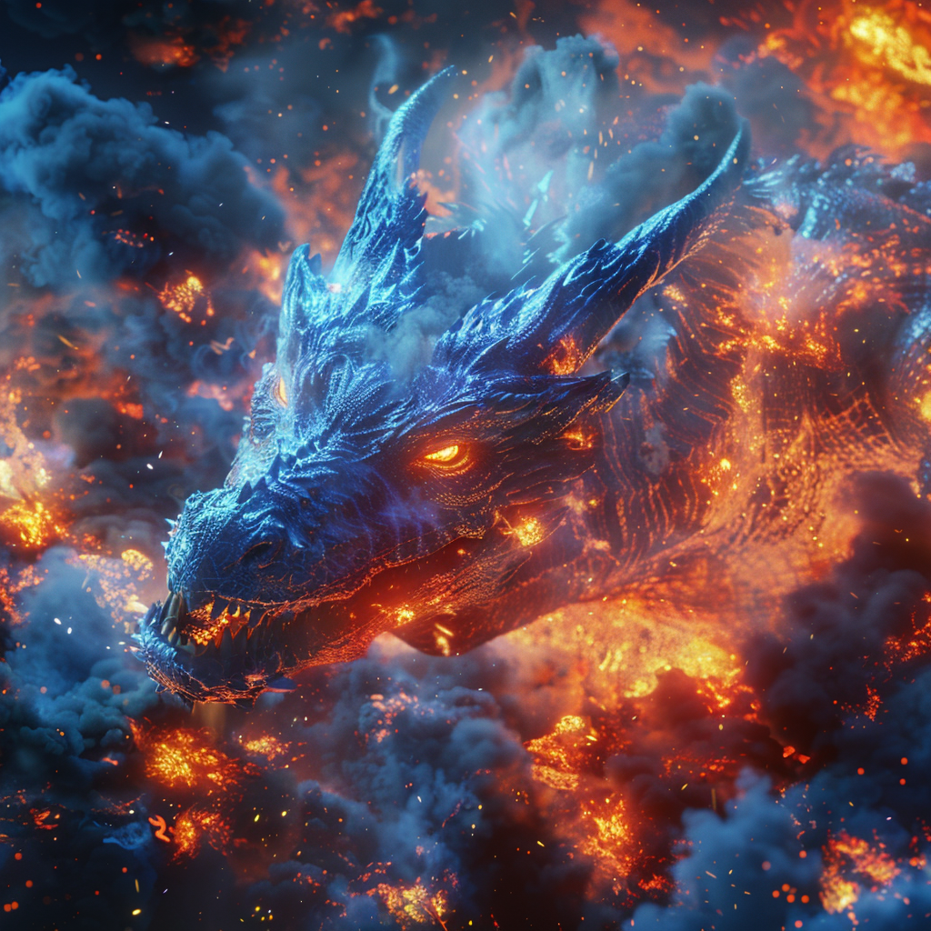 Blue dragon in fiery surroundings